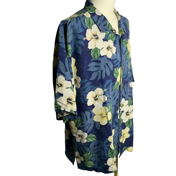 Island Sport Button Up Hawaiian Silk Shirt XXL Blue Floral Short Sleeve Pocket - Picture 5 of 6